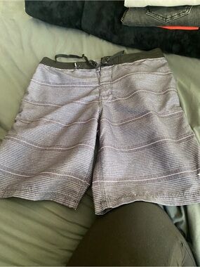 Hurley Boys Navy and Gray Striped Swim Trunks